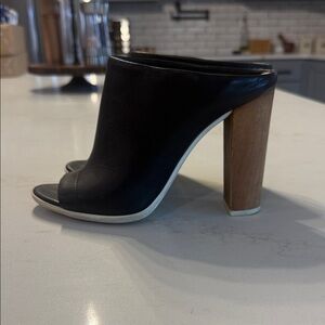 Vince Black Mules with Tan Wooden Heel